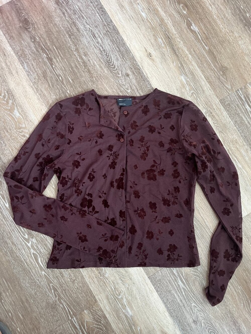 Brown Sheet Floral Burnout Fitted Buttoned Cardigan Shirt